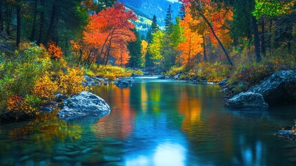 Naklejka premium A serene river scene reflecting vibrant autumn foliage in a tranquil natural setting.