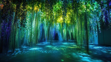 Fototapeta premium An enchanting indoor space filled with vibrant, hanging foliage and colorful lighting.