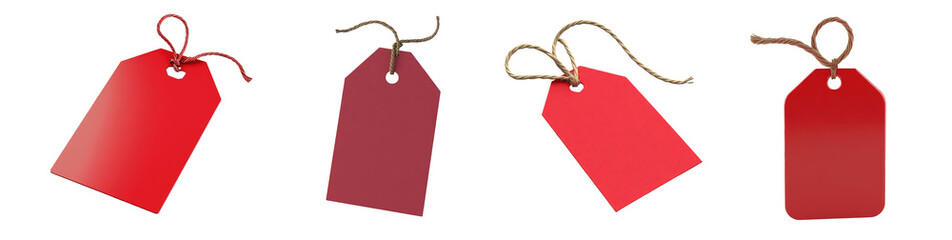 Mockup red tag with a string, blank empty template for labeling products, gifts, set collection on transparent cutout background, PNG file. Mockup clipart template