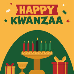 Happy Kwanzaa greeting card. Modern vector illustration with african symbols. Candles, gifts, cup.