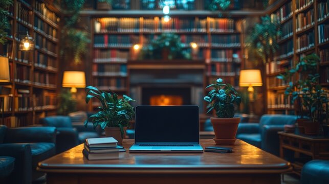 Cozy library interior with open laptop on wooden desk, warm lighting, bookshelves, indoor workspace, serene study environment, quiet atmosphere, relaxing setting, academic ambiance