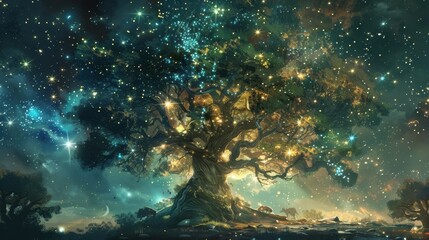 A tree adorned with glowing constellations its canopy providing shelter for celestial beings and creatures.