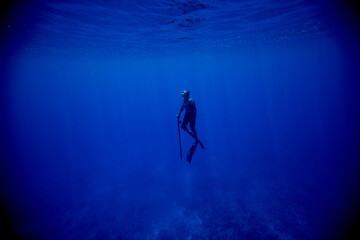 Scuba diver swimming up towards ocean surface - underwater beauty
