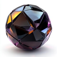 Faceted gemstone sphere with reflective iridescent surfaces on white background
