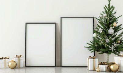 Two empty picture frames rest against a wall in a stylish living room, adorned with a Christmas tree, elegant gifts, and festive decorations, welcoming the New Year ambiance