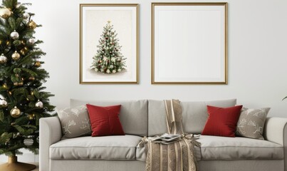 A beautifully arranged living room is adorned for the New Year, showcasing two empty picture frames above a plush sofa. Rich red cushions and a warm throw blanket add to the festive atmosphere