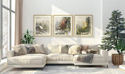 This inviting living room showcases a stylish set of two picture frames celebrating the New Year's holiday, complemented by seasonal artwork