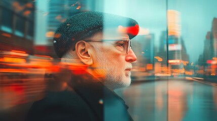 Modern style portrait of man in city, double exposure