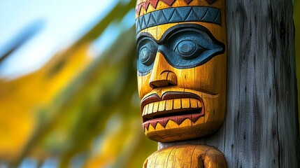 Oceania totem sacred head, scary mask showing the god and spirit	