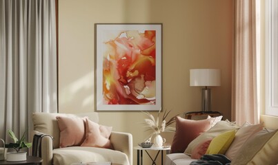 This living room mockup showcases a beautifully arranged space with soft colors and artistic flair. A vibrant picture frame adorns the wall, enhancing the cozy ambiance