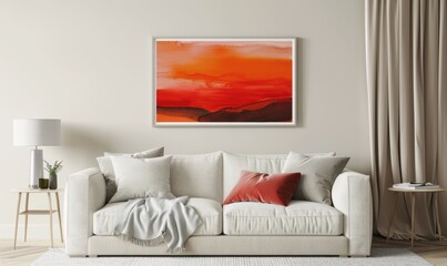 Bright hues of orange and red adorn the picture frame hanging above a stylish couch, creating a welcoming focal point in a modern living room filled with comfort and warmth