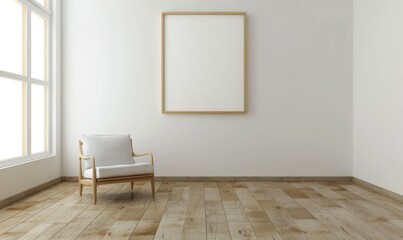A modern living room mockup showcases a chic picture frame ready for decoration. The bright space includes a comfortable chair and elegant wooden flooring, inviting creativity and personalization