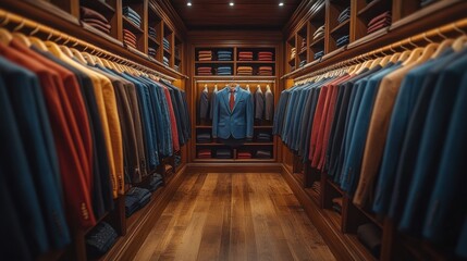 Elegant wooden walk-in closet with organized racks of suits, tailored clothing, warm lighting, luxury interior, stylish design, wardrobe space, premium lifestyle