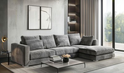 A modern living room showcases a plush gray sectional sofa paired with a sleek coffee table, accentuated by stylish picture frames displayed prominently above