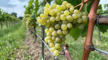 Fototapeta premium Vineyard Delight: A Close-Up of Lush White Grapes Hanging on the Vine
