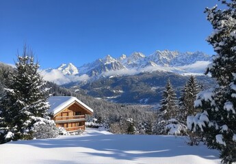 Winter landscape of the Alps with snow-covered trees and mountains