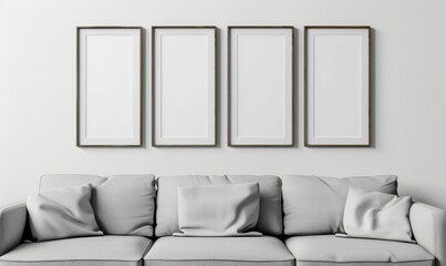 In a stylish living room mockup, a set of four empty picture frames hangs elegantly on a neutral wall, complementing the soft sofa below while inviting personal creativity and design