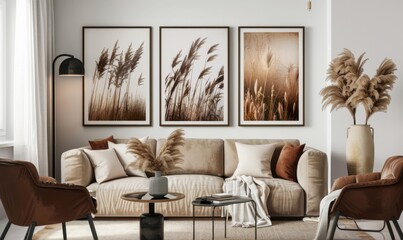 This stylish living room mockup features a cozy sofa adorned with soft cushions, a chic coffee table, and three framed artwork pieces showcasing calming nature scenes