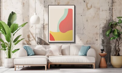 This inviting living room features a stylish picture frame hanging on the wall above a cozy sofa with soft cushions. Bright colors and greenery create a refreshing ambiance