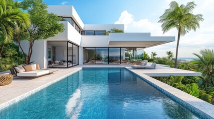 Mediterranean-style villa with private pool, lush greenery, tropical palm trees, sunny terrace, luxurious backyard retreat, elegant architecture, serene outdoor living, real estate luxury