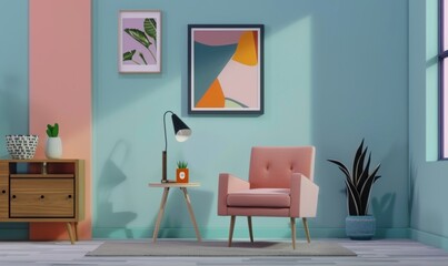 An inviting living room showcases a harmonious blend of color and style with a set of picture frames adorning the wall, complemented by contemporary furniture and decor