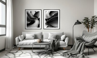 Stylish living room featuring a cozy sofa adorned with cushions, complemented by two striking picture frames on the wall