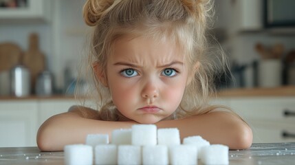 Angry little girl staring at sugar cubes on table, frustrated child expression, sugar addiction concept, healthy eating awareness, emotions, childhood behavior, dietary education