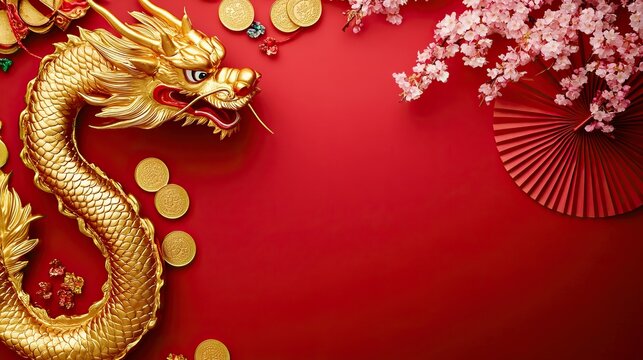 Golden dragon and coins with cherry blossoms and red fan on festive red background for chinese new year celebration concept
