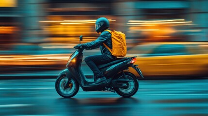 Fototapeta premium Motorbike rider wearing a helmet, speeding through a rainy city street, motion blur, bright golden light background, urban travel scene, fast and dynamic transportation