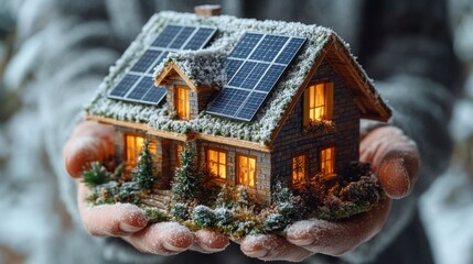 Miniature wooden house with glowing windows and solar panels, snow-covered hands holding cozy eco-friendly home, winter sustainability, renewable energy, warmth, and green living