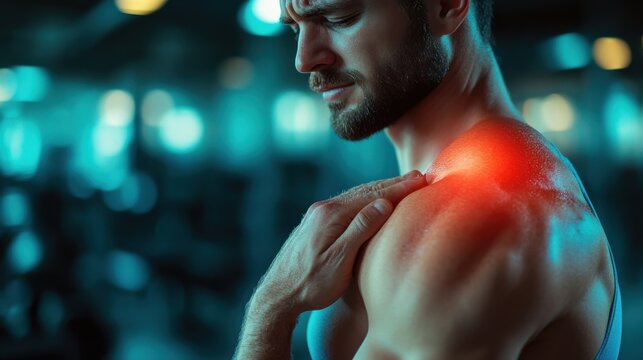 Man touching injured shoulder muscle in gym, close-up of red highlighted pain area, athletic muscle strain, workout injury, gym environment, physical fitness recovery concept