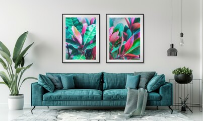 A stylish living room showcases two framed botanical prints on the wall, adding a splash of color. A teal couch with plush cushions invites relaxation in this inviting space
