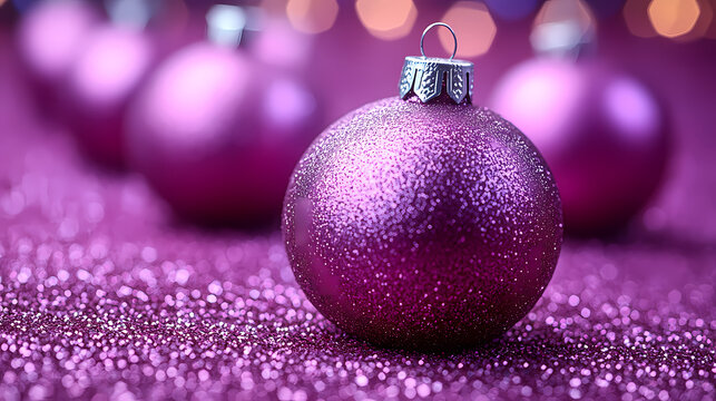 A close-up of purple glittery ornaments on a sparkling surface, capturing a festive and joyful Christmas atmosphere with glowing warm lights.  season greetings message card