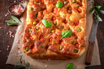Hot focaccia made of vegan and fresh ingredients.