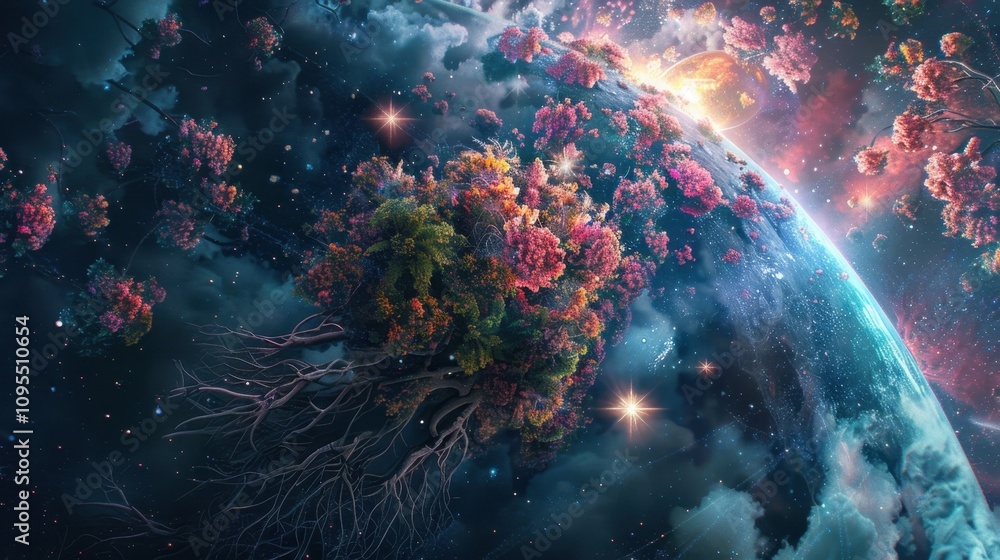 Poster a tiny planet covered in towering upsidedown trees whose roots reach up toward the sky sprouting s o