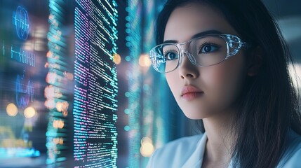 Focused Asian woman in glasses analyzing digital data on a futuristic interface with a contemplative expression.