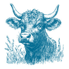 Cow Head. Vintage Detailed Engraving style vector Illustration.