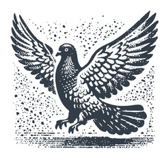 Dove Spreading Wings. Rough wood block print style vector Illustration.