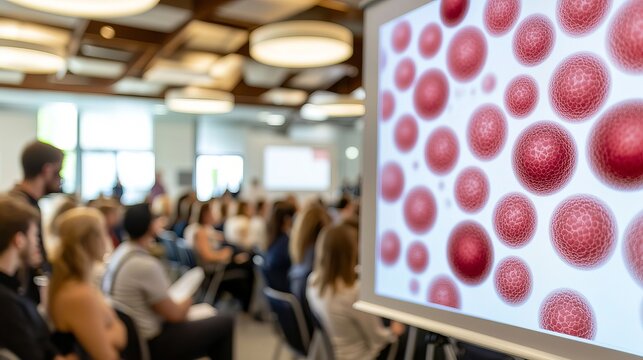 A close-up of red cells shown on a screen during a presentation in a conference room filled with attendees.
