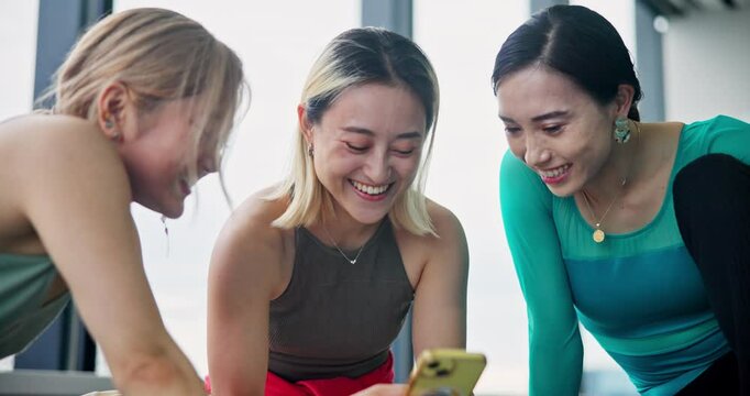Women, friends or relax in dance studio with phone, connectivity or funny social media. Dancers, smile or tech in Japanese class for audition results, performance schedule or positive review for show