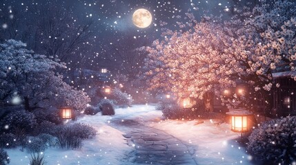 A serene winter landscape with snow, cherry blossoms, lanterns, and a full moon.