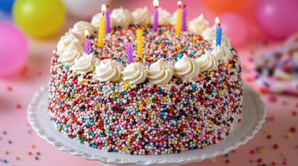 Birthday celebration cake with colorful sprinkles and candles festive atmosphere food photography indoor setting joyful mood