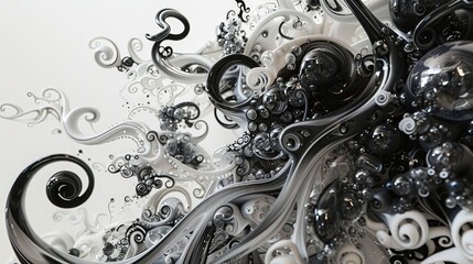Dynamic black and white abstract artwork with fluid swirls and intricate textures, creating a sense of movement and contrast.