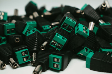 Connectors for DC in CCTV security cameras, installation of security cameras, security concept, selective focus