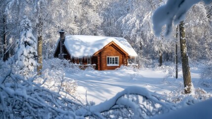 A cozy log cabin surrounded by a winter landscape blanketed in snow and frost.