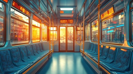 Empty modern tram interior with orange seats, bright sunlight, large windows, sleek design, urban transportation, clean public transit, futuristic cityscape view, stylish commuting space.