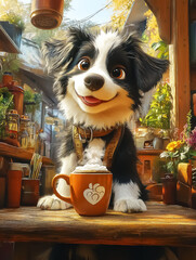Charming Border Collie in a Cozy Cafe Setting with Coffee Mug, Perfect for Wall Art, Posters, and Warm Home Decor Inspired by Pet Love.