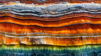 Naklejka premium Vibrant texture of rock minerals in diverse forms, shapes, and colors arranged in intricate geological layers, showcasing the beauty of natural patterns and the dynamic complexity of Earth's formation