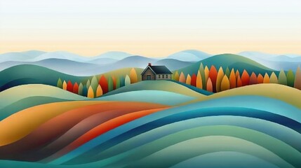 Obraz premium A house on a mountaintop surrounded by trees in the foreground and rolling hills in the background