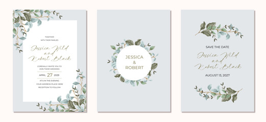 wedding invitation set green leaves watercolor frame